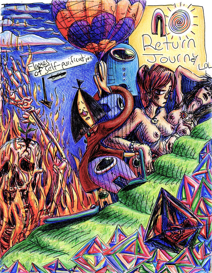 The Slippery Spiritual Slope, colored pencil and pen on paper, 8.5&quot;x11&quot;, 2024